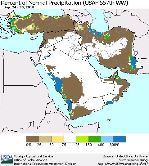 Middle East and Turkey Percent of Normal Precipitation (USAF 557th WW) Thematic Map For 9/24/2018 - 9/30/2018