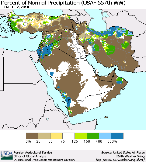 Middle East and Turkey Percent of Normal Precipitation (USAF 557th WW) Thematic Map For 10/1/2018 - 10/7/2018
