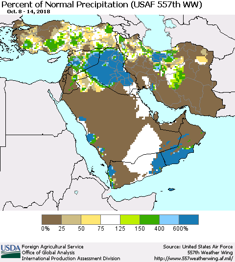 Middle East and Turkey Percent of Normal Precipitation (USAF 557th WW) Thematic Map For 10/8/2018 - 10/14/2018