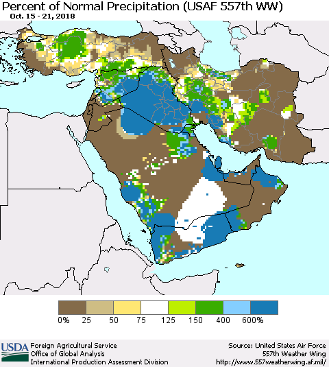 Middle East and Turkey Percent of Normal Precipitation (USAF 557th WW) Thematic Map For 10/15/2018 - 10/21/2018