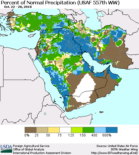 Middle East and Turkey Percent of Normal Precipitation (USAF 557th WW) Thematic Map For 10/22/2018 - 10/28/2018