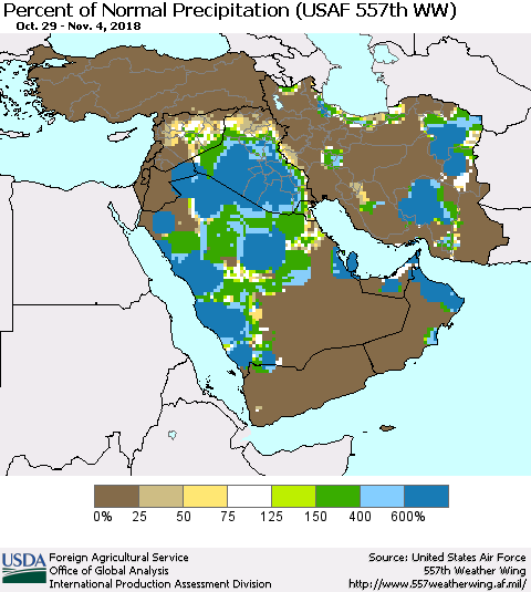 Middle East and Turkey Percent of Normal Precipitation (USAF 557th WW) Thematic Map For 10/29/2018 - 11/4/2018