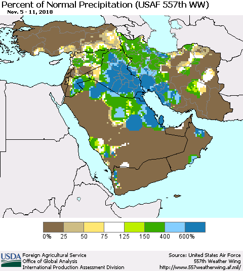 Middle East and Turkey Percent of Normal Precipitation (USAF 557th WW) Thematic Map For 11/5/2018 - 11/11/2018