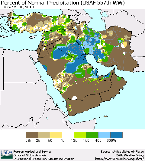 Middle East and Turkey Percent of Normal Precipitation (USAF 557th WW) Thematic Map For 11/12/2018 - 11/18/2018