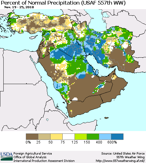 Middle East and Turkey Percent of Normal Precipitation (USAF 557th WW) Thematic Map For 11/19/2018 - 11/25/2018