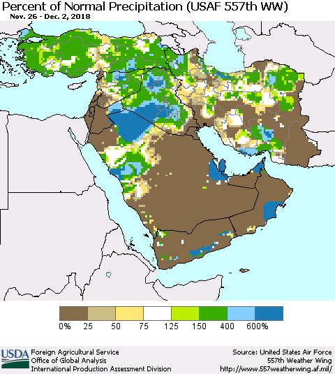 Middle East and Turkey Percent of Normal Precipitation (USAF 557th WW) Thematic Map For 11/26/2018 - 12/2/2018
