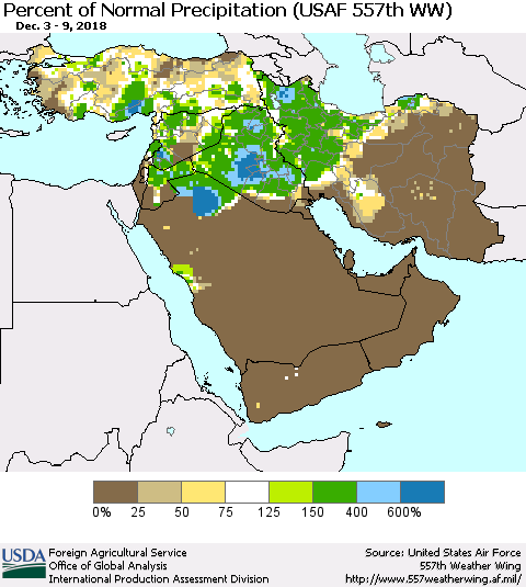 Middle East and Turkey Percent of Normal Precipitation (USAF 557th WW) Thematic Map For 12/3/2018 - 12/9/2018