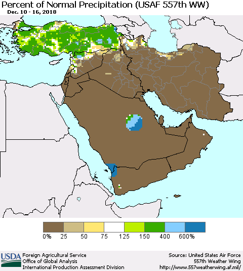 Middle East and Turkey Percent of Normal Precipitation (USAF 557th WW) Thematic Map For 12/10/2018 - 12/16/2018