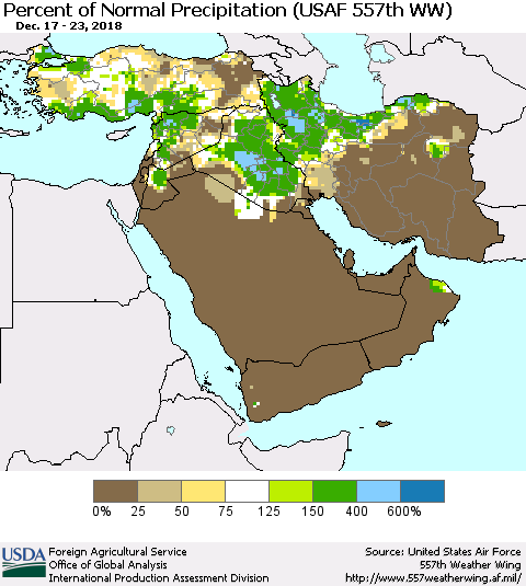 Middle East and Turkey Percent of Normal Precipitation (USAF 557th WW) Thematic Map For 12/17/2018 - 12/23/2018