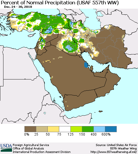 Middle East and Turkey Percent of Normal Precipitation (USAF 557th WW) Thematic Map For 12/24/2018 - 12/30/2018