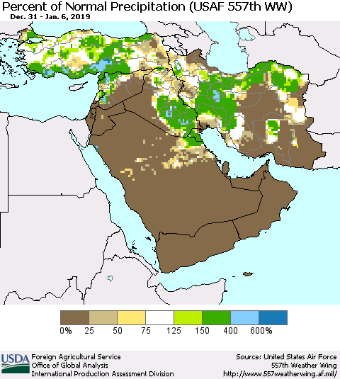 Middle East and Turkey Percent of Normal Precipitation (USAF 557th WW) Thematic Map For 12/31/2018 - 1/6/2019