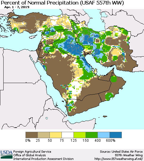 Middle East and Turkey Percent of Normal Precipitation (USAF 557th WW) Thematic Map For 4/1/2019 - 4/7/2019