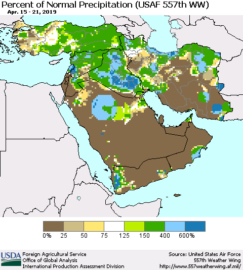Middle East and Turkey Percent of Normal Precipitation (USAF 557th WW) Thematic Map For 4/15/2019 - 4/21/2019
