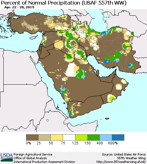 Middle East and Turkey Percent of Normal Precipitation (USAF 557th WW) Thematic Map For 4/22/2019 - 4/28/2019