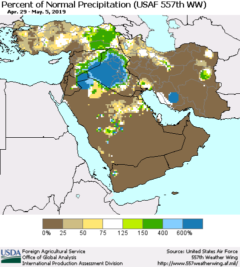 Middle East and Turkey Percent of Normal Precipitation (USAF 557th WW) Thematic Map For 4/29/2019 - 5/5/2019