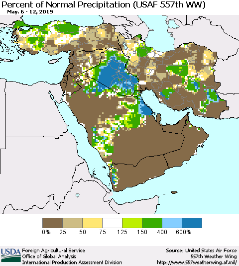 Middle East and Turkey Percent of Normal Precipitation (USAF 557th WW) Thematic Map For 5/6/2019 - 5/12/2019
