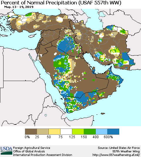 Middle East and Turkey Percent of Normal Precipitation (USAF 557th WW) Thematic Map For 5/13/2019 - 5/19/2019