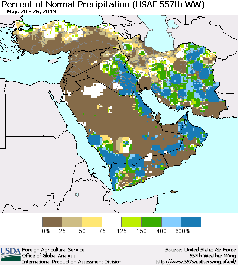Middle East and Turkey Percent of Normal Precipitation (USAF 557th WW) Thematic Map For 5/20/2019 - 5/26/2019