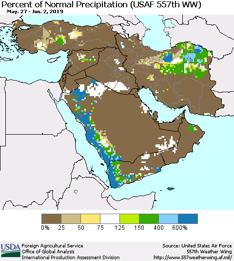 Middle East and Turkey Percent of Normal Precipitation (USAF 557th WW) Thematic Map For 5/27/2019 - 6/2/2019