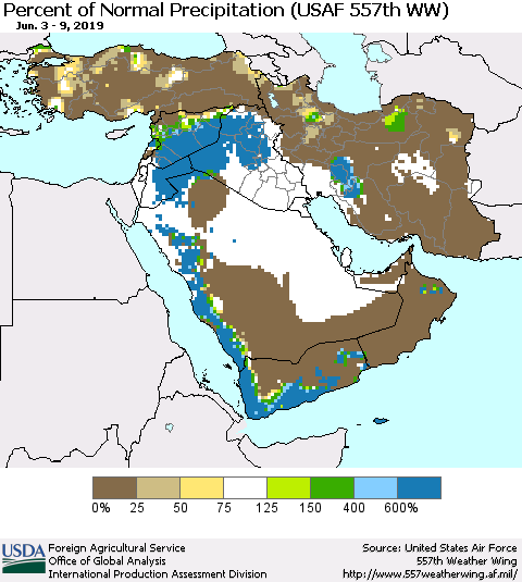 Middle East and Turkey Percent of Normal Precipitation (USAF 557th WW) Thematic Map For 6/3/2019 - 6/9/2019