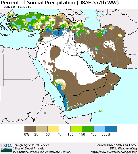 Middle East and Turkey Percent of Normal Precipitation (USAF 557th WW) Thematic Map For 6/10/2019 - 6/16/2019