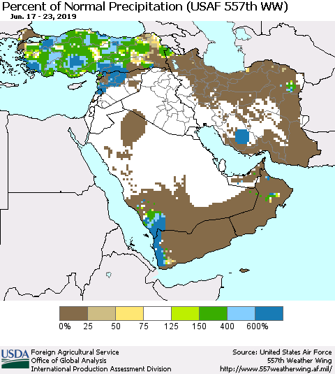 Middle East and Turkey Percent of Normal Precipitation (USAF 557th WW) Thematic Map For 6/17/2019 - 6/23/2019
