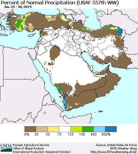 Middle East and Turkey Percent of Normal Precipitation (USAF 557th WW) Thematic Map For 6/24/2019 - 6/30/2019
