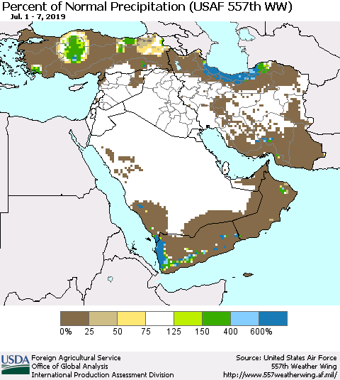 Middle East and Turkey Percent of Normal Precipitation (USAF 557th WW) Thematic Map For 7/1/2019 - 7/7/2019