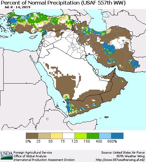 Middle East and Turkey Percent of Normal Precipitation (USAF 557th WW) Thematic Map For 7/8/2019 - 7/14/2019