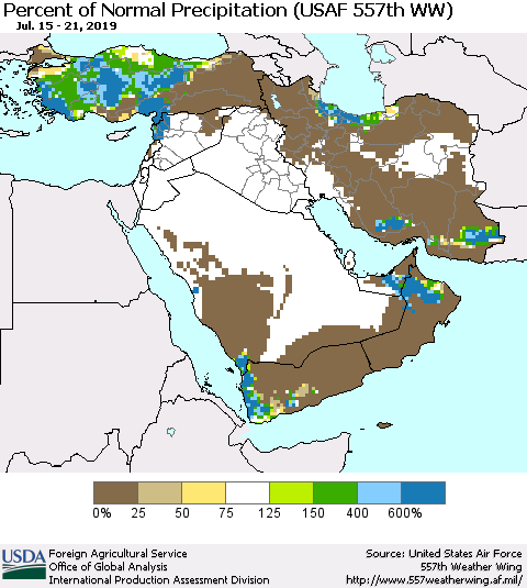 Middle East and Turkey Percent of Normal Precipitation (USAF 557th WW) Thematic Map For 7/15/2019 - 7/21/2019
