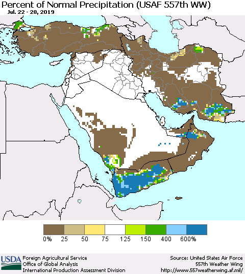 Middle East and Turkey Percent of Normal Precipitation (USAF 557th WW) Thematic Map For 7/22/2019 - 7/28/2019