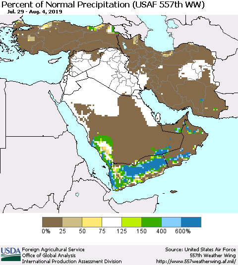 Middle East and Turkey Percent of Normal Precipitation (USAF 557th WW) Thematic Map For 7/29/2019 - 8/4/2019