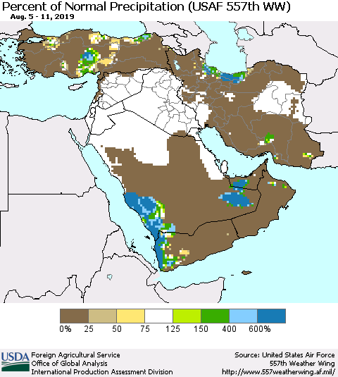Middle East and Turkey Percent of Normal Precipitation (USAF 557th WW) Thematic Map For 8/5/2019 - 8/11/2019