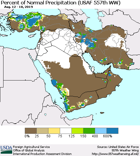 Middle East and Turkey Percent of Normal Precipitation (USAF 557th WW) Thematic Map For 8/12/2019 - 8/18/2019