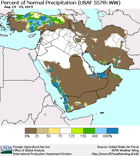 Middle East and Turkey Percent of Normal Precipitation (USAF 557th WW) Thematic Map For 8/19/2019 - 8/25/2019