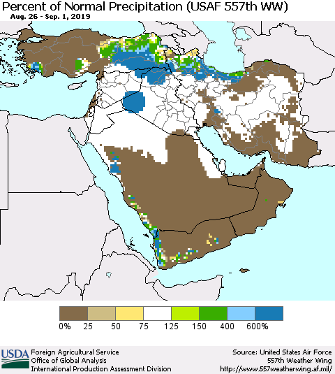 Middle East and Turkey Percent of Normal Precipitation (USAF 557th WW) Thematic Map For 8/26/2019 - 9/1/2019