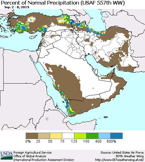 Middle East and Turkey Percent of Normal Precipitation (USAF 557th WW) Thematic Map For 9/2/2019 - 9/8/2019