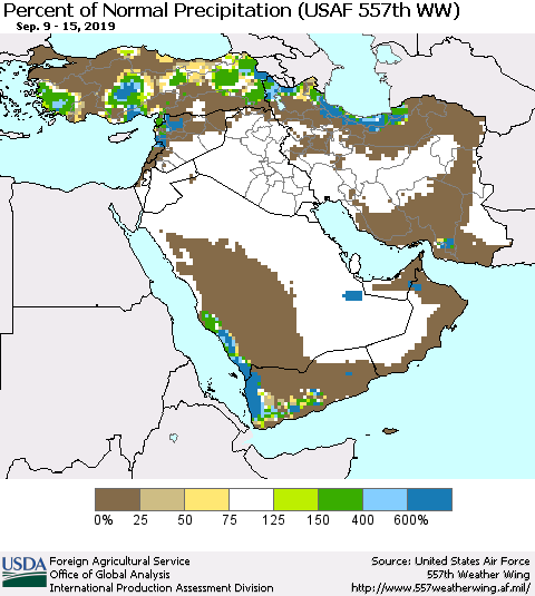Middle East and Turkey Percent of Normal Precipitation (USAF 557th WW) Thematic Map For 9/9/2019 - 9/15/2019