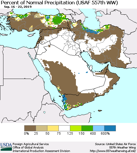 Middle East and Turkey Percent of Normal Precipitation (USAF 557th WW) Thematic Map For 9/16/2019 - 9/22/2019