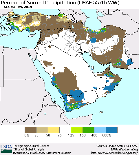 Middle East and Turkey Percent of Normal Precipitation (USAF 557th WW) Thematic Map For 9/23/2019 - 9/29/2019