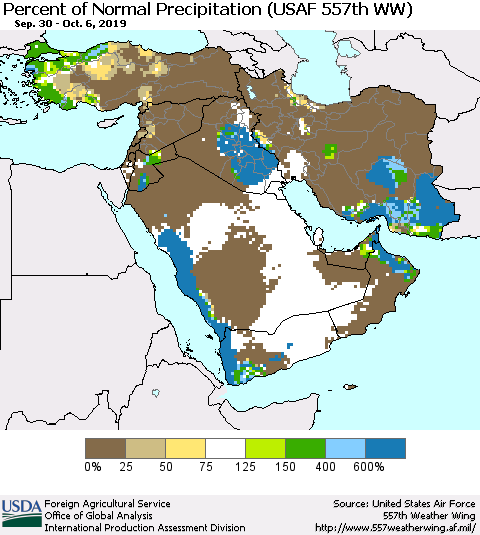 Middle East and Turkey Percent of Normal Precipitation (USAF 557th WW) Thematic Map For 9/30/2019 - 10/6/2019