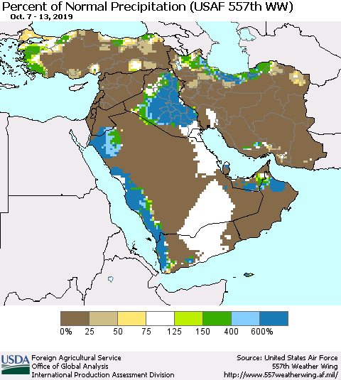 Middle East and Turkey Percent of Normal Precipitation (USAF 557th WW) Thematic Map For 10/7/2019 - 10/13/2019