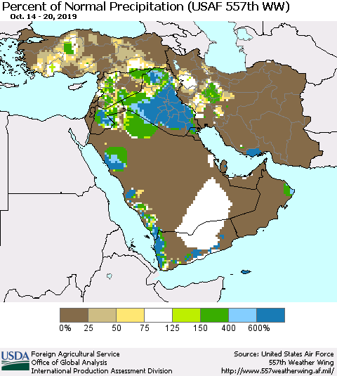 Middle East and Turkey Percent of Normal Precipitation (USAF 557th WW) Thematic Map For 10/14/2019 - 10/20/2019