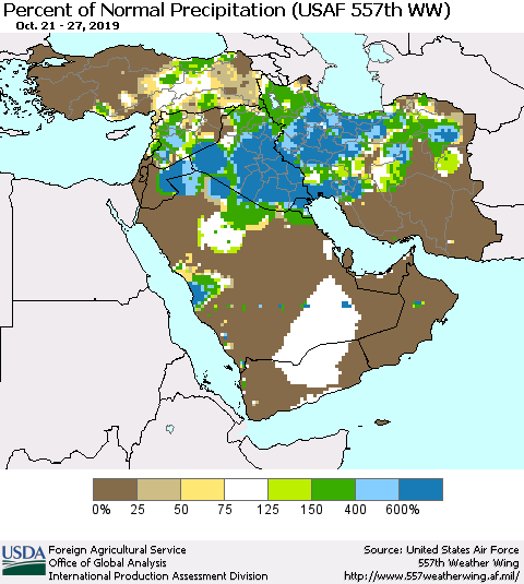 Middle East and Turkey Percent of Normal Precipitation (USAF 557th WW) Thematic Map For 10/21/2019 - 10/27/2019