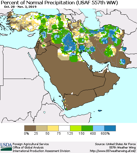 Middle East and Turkey Percent of Normal Precipitation (USAF 557th WW) Thematic Map For 10/28/2019 - 11/3/2019