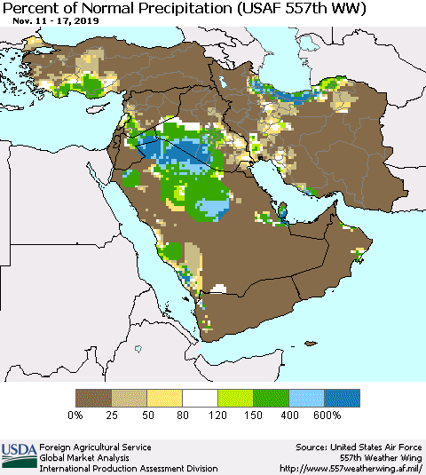 Middle East and Turkey Percent of Normal Precipitation (USAF 557th WW) Thematic Map For 11/11/2019 - 11/17/2019