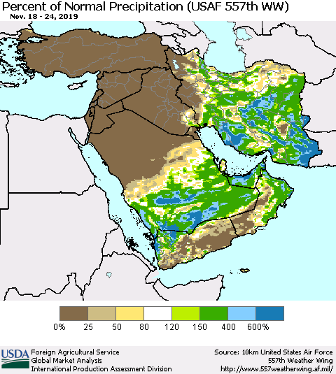Middle East and Turkey Percent of Normal Precipitation (USAF 557th WW) Thematic Map For 11/18/2019 - 11/24/2019