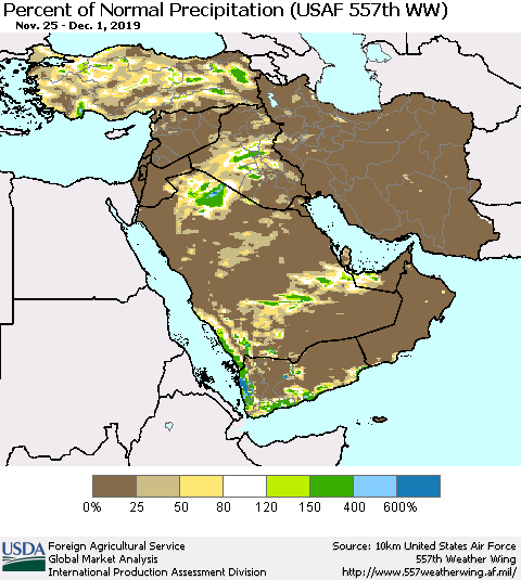 Middle East and Turkey Percent of Normal Precipitation (USAF 557th WW) Thematic Map For 11/25/2019 - 12/1/2019
