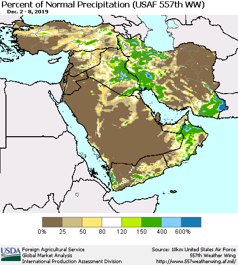 Middle East and Turkey Percent of Normal Precipitation (USAF 557th WW) Thematic Map For 12/2/2019 - 12/8/2019