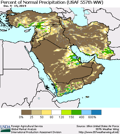 Middle East and Turkey Percent of Normal Precipitation (USAF 557th WW) Thematic Map For 12/9/2019 - 12/15/2019